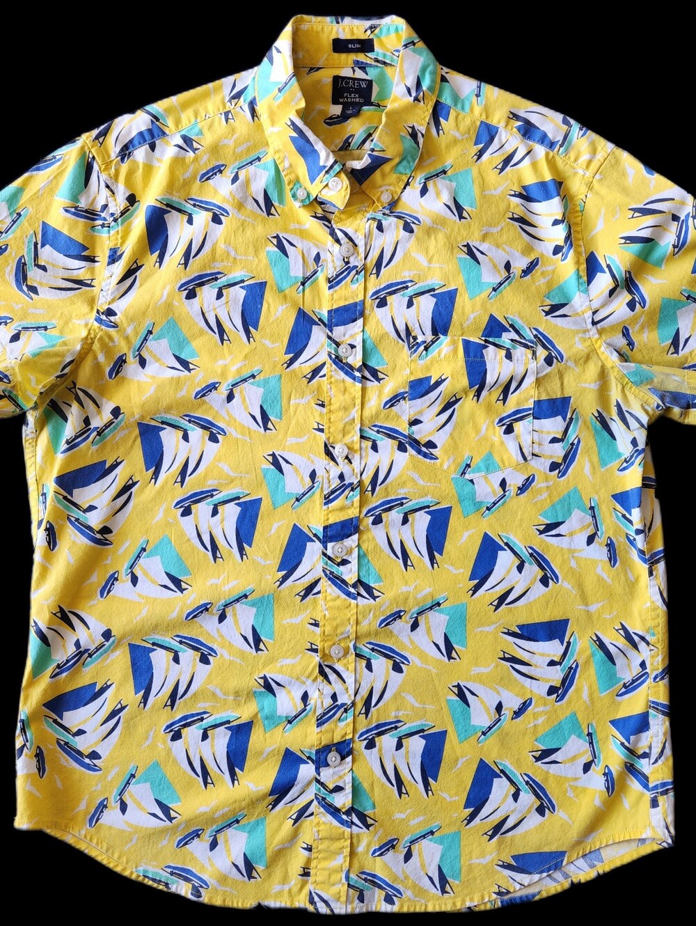 J.Crew Flex Washed Slim Fit Large Yellow Sailboat Print Button Down Shirt